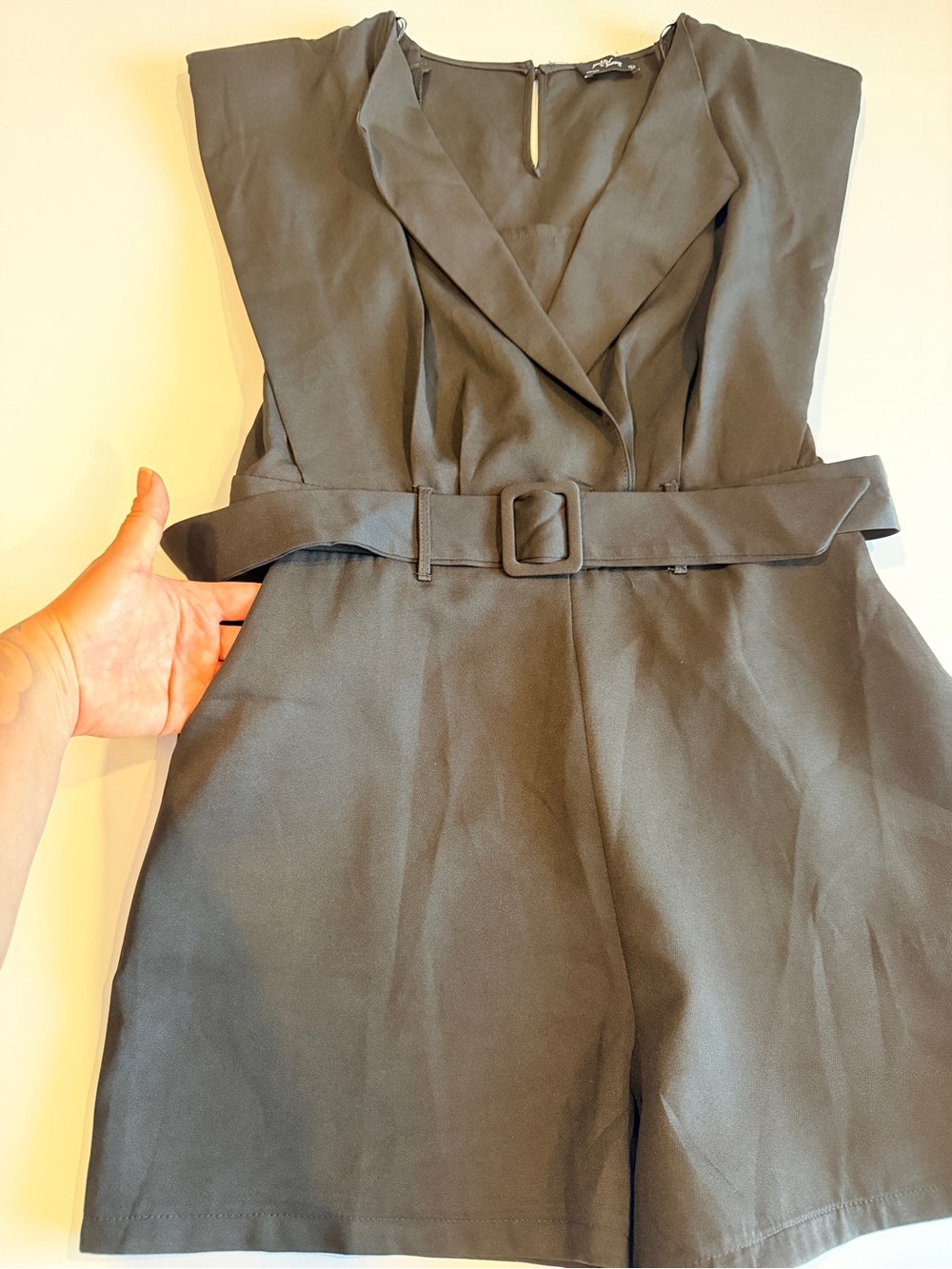 Sleeveless Belted V-Neck Romper in Olive - Unbranded - Picture 3 of 7